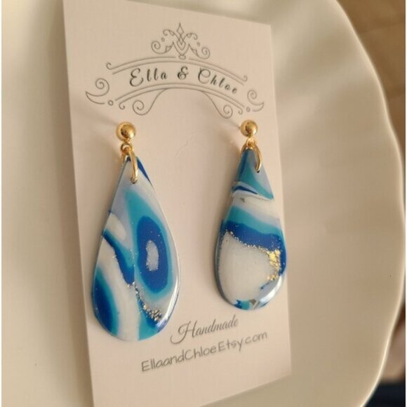 HandCrafted Gold Blue White Agate Gemstone Resin Large Tear Drop Dangle Earrings - Picture 5 of 8